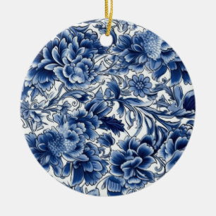Indigo Blue Flowers Keramik Ornament
