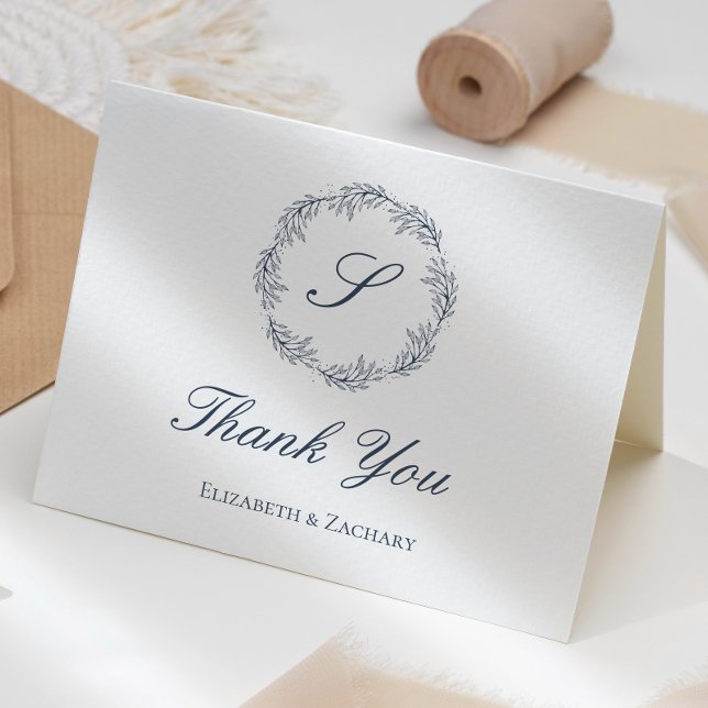 Indigo Blue Monogram Wreath Wedding Vielen Dank Karte (Von Creator hochgeladen)