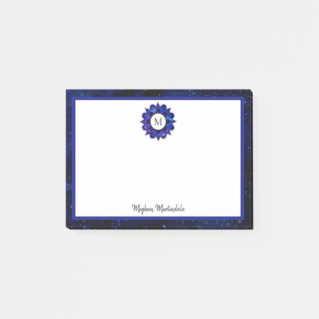 Indigo Blue Outer Space Galaxy Mandala Monogram Post-it Klebezettel (Vorderseite)
