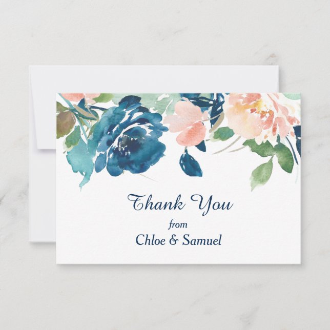 Indigo Blue Peach Rose Hochzeit Vielen Dank Dankeskarte (Vorderseite)