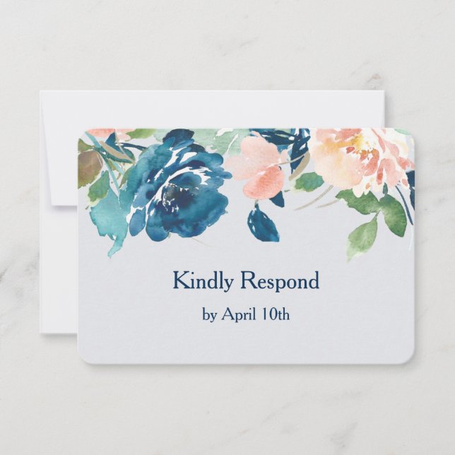 Indigo Blue Peach Rose Wedding RSVP Karte (Vorderseite)