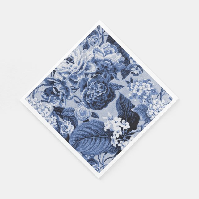 Indigo Blue Vintag Floral Dahlias Hydrangeas Serviette (Ecke)