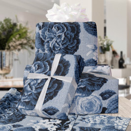 Indigo Blue Vintag Floral Toile Matte Finish Geschenkpapier