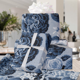 Indigo Blue Vintag Floral Toile Matte Finish Geschenkpapier