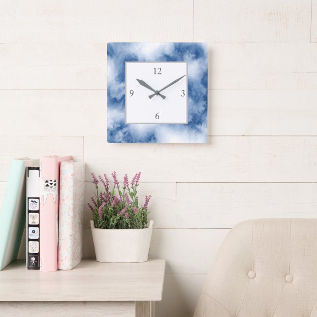 Indigo Blue Watercolor Abstrakt Quadratische Wanduhr (Lesesaal)