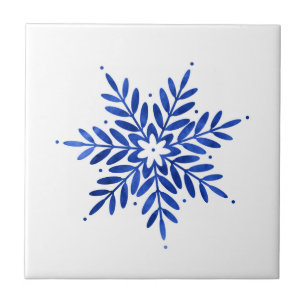 Indigo Blue Watercolor Abstrakt Snowflake Fliese