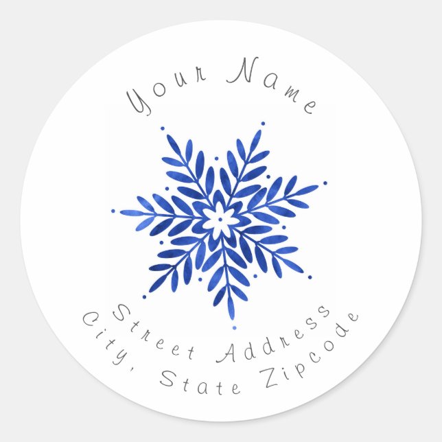 "Indigo Blue Watercolor Abstrakt Snowflake" - Labe Runder Aufkleber (Vorderseite)