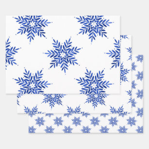Indigo Blue Watercolor Snowflake Muster Geschenkpapier Set