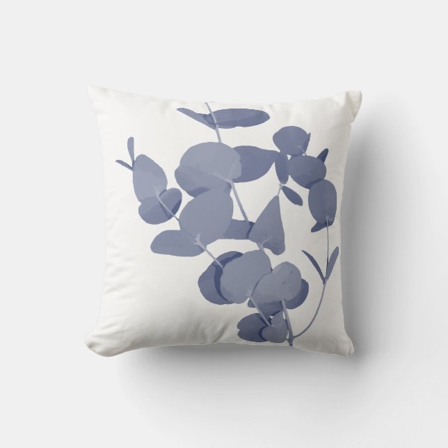 Indigo Blue White Eucalyptus Herb Botanische Print Kissen (Vorderseite)