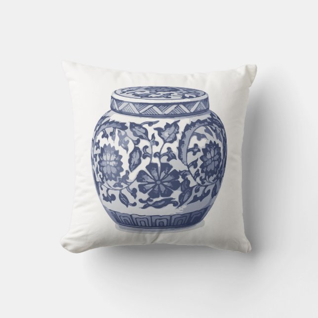 Indigo Blue White Hamptons Ginger Jar Vase Print Kissen (Vorderseite)
