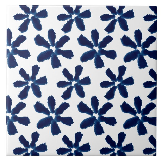 Indigo Blue White Watercolor Tinte Blumenmuster Fliese (Vorderseite)