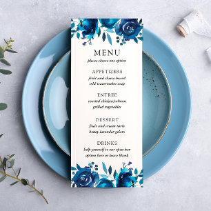 Indigo-Blumen-Hochzeitsmenü Werbekarte