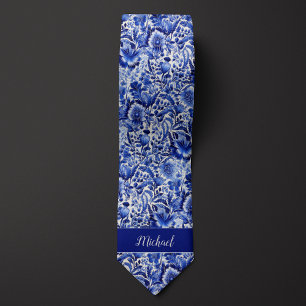 Indigo-Blumen-Monogramm Krawatte