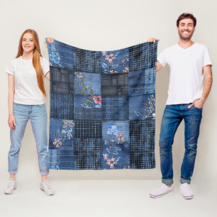 Indigo-Blumen-Patchwork-Muster   Boho-Denim Fleecedecke