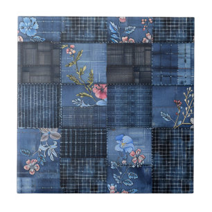 Indigo-Blumen-Patchwork-Muster Boho-Denim Fliese