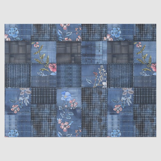 Indigo-Blumen-Patchwork-Muster | Boho-Denim Seidenpapier (Vorderseite)