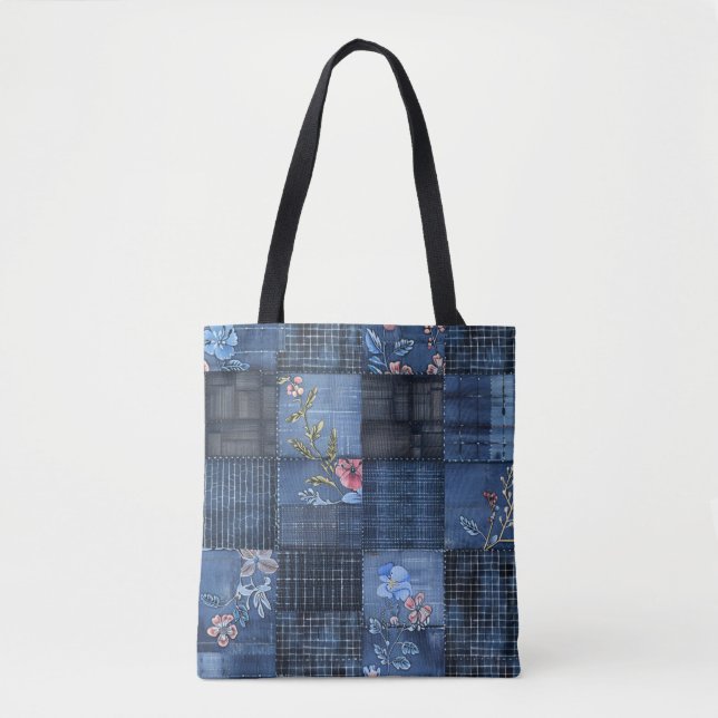 Indigo-Blumen-Patchwork-Muster | Boho-Denim Tasche (Vorderseite)