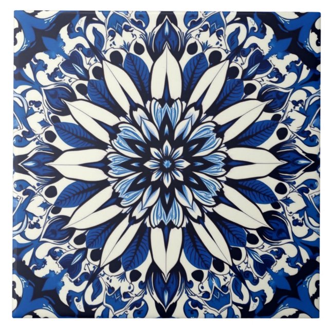 Indigo-Blumenstern-Fliese Fliese (Vorderseite)