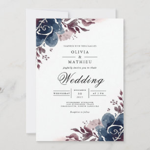 Indigo Blumige Hochzeit Einladung