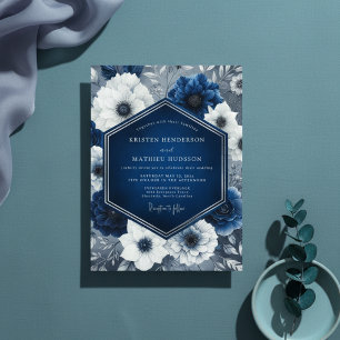 Indigo Blumige Üppige Hochzeit Einladung