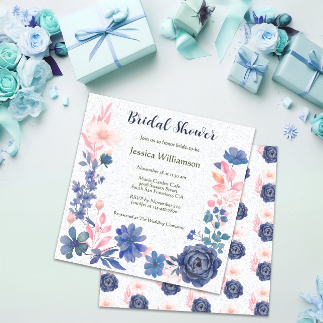 Indigo Blush Florals Brautparty individualisieren Einladung (Von Creator hochgeladen)