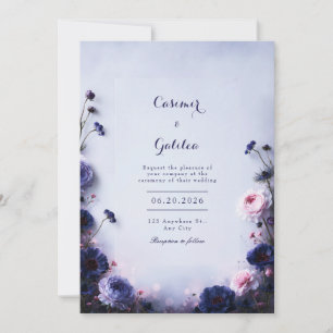 Indigo-Blush-Nebel-Blumenrand-Hochzeit Einladung