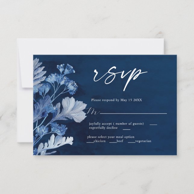 Indigo Botanical Blue Wedding RSVP Card Karte (Vorderseite)