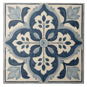 Indigo Botanisches Vierpass-Ornament Fliese