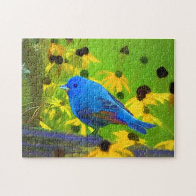 Indigo Bunting Painting - Original Bird Art (Horizontal)
