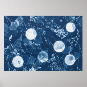 Indigo-Cyanotypie-Farn-Ginkgo-Wildblumen-Plakat Poster