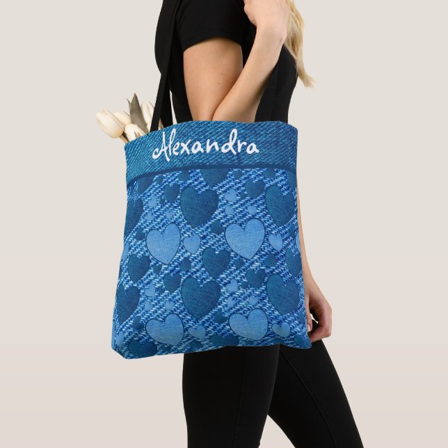 Indigo Denim Blue Jeans Hört Monogrammname Tasche (Von Nahem)
