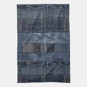 Indigo Denim Patchwork Nahtloses Muster (2) Geschirrtuch
