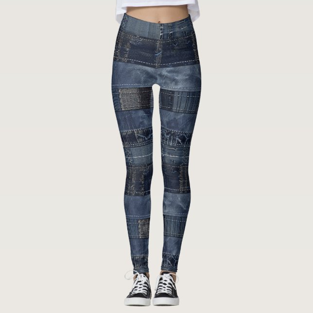 Indigo Denim Patchwork Nahtloses Muster (2) Leggings (Vorderseite)