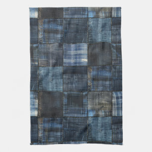 Indigo Denim Patchwork Nahtloses Muster Geschirrtuch