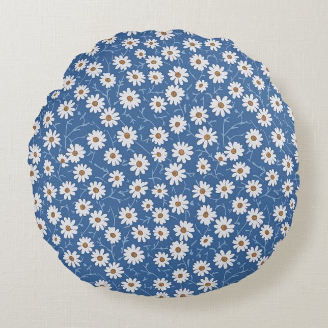 Indigo Dream Daisies Rundes Kissen (Vorderseite)