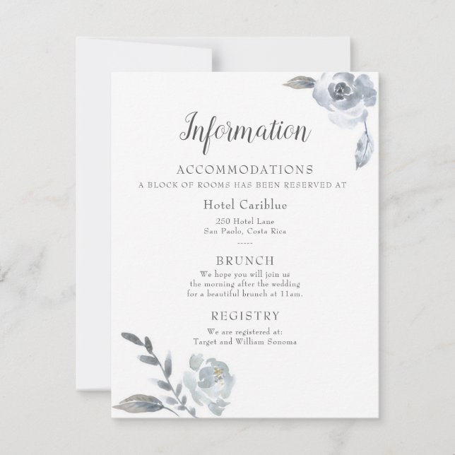 Indigo Dusty Blue Floral Wedding Details Card Einladung (Vorderseite)