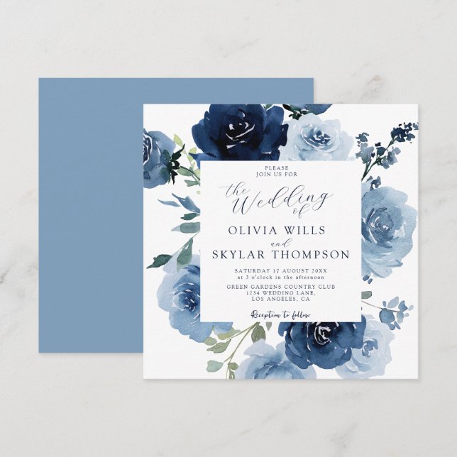 Indigo Dusty Blue Navy Blume Garden Wedding Einladung (Vorne/Hinten)