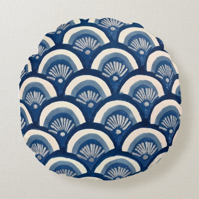 Indigo Fan Waves Rundes Kissen (Vorderseite)