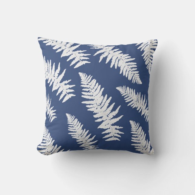 Indigo Fern White Pflanze Botanische Malerei Kissen (Vorderseite)