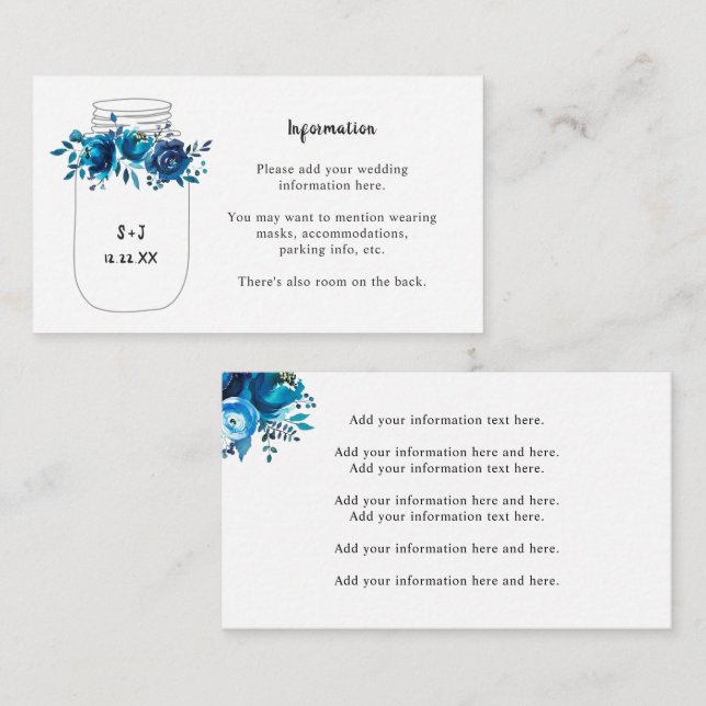 Indigo Floral Mason Jar Informationskarte Begleitkarte (Vorne/Hinten)