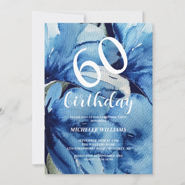 Indigo Floral Watercolor Art Calligraphy Einladung (Vorderseite)