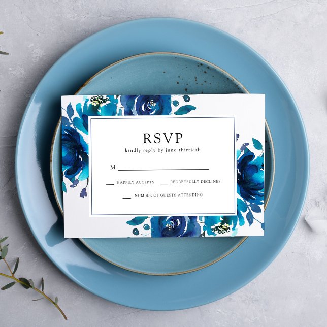 Indigo Floral Wedding RSVP Karte (Von Creator hochgeladen)