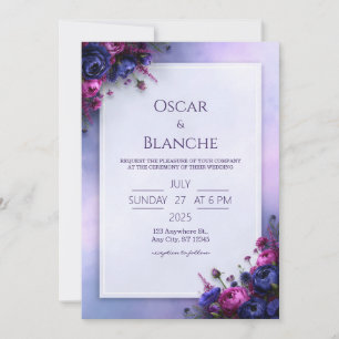 Indigo Fuchsien Blumenrand Hochzeit Einladung
