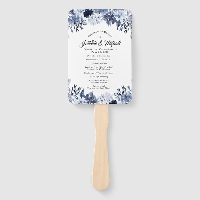 Indigo Garden Blue Floral Wedding Fächer (Vorderseite)