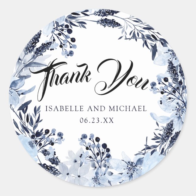 Indigo Garden Blue Floral Wedding Vielen Dank Runder Aufkleber (Vorderseite)