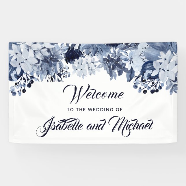 Indigo Garden Blue Floral Wedding Welcome Banner (Horizontal)