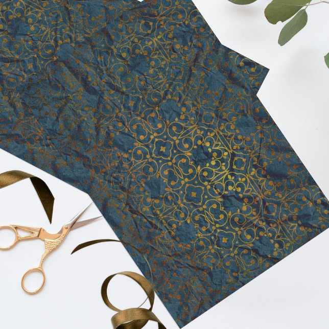 Indigo Gold Classic Elegantes Damask Muster Seidenpapier (Von Creator hochgeladen)