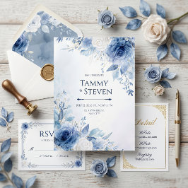 Indigo Goldader Wasserfarbe Rosenrand Hochzeit Einladung