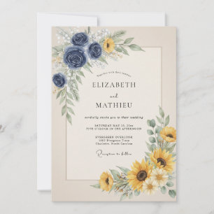 Indigo Goldene Sonnenblumen-Eukalyptus-Hochzeit Einladung