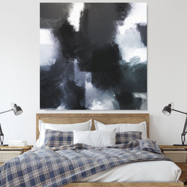 Indigo Grau Schwarz Moderne Abstrakte Pinselstrich Leinwanddruck (Insitu (Schlafzimmer))